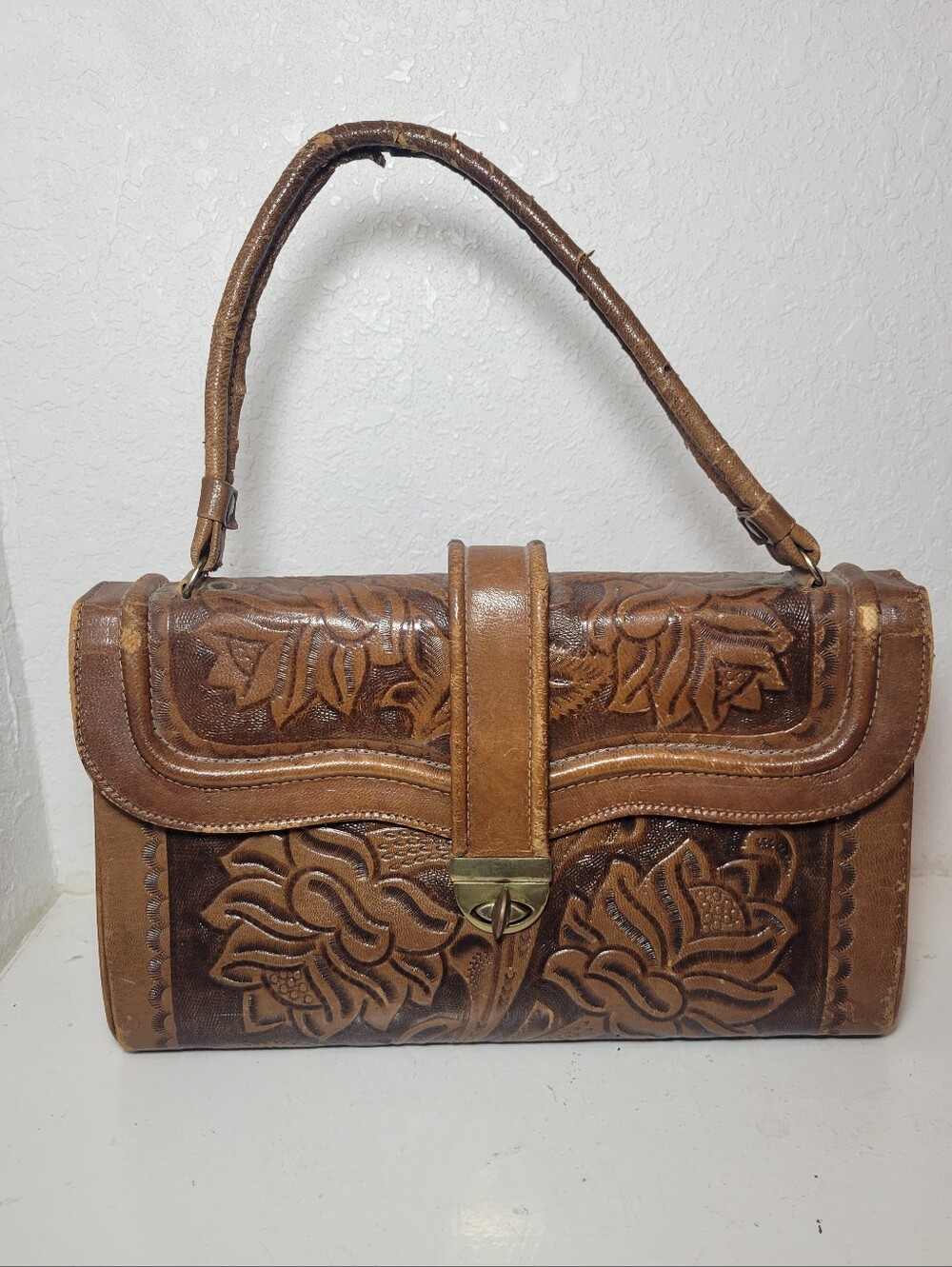 Vintage Tooled Leather Satchel Purse Flores Bags Brown Boho Western Mexico Read - Picture 1 of 11
